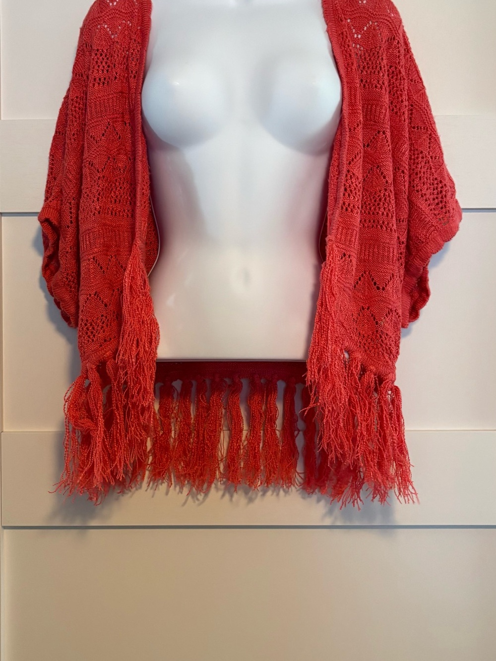 One A Coral Open-Knit Fringe Shrug